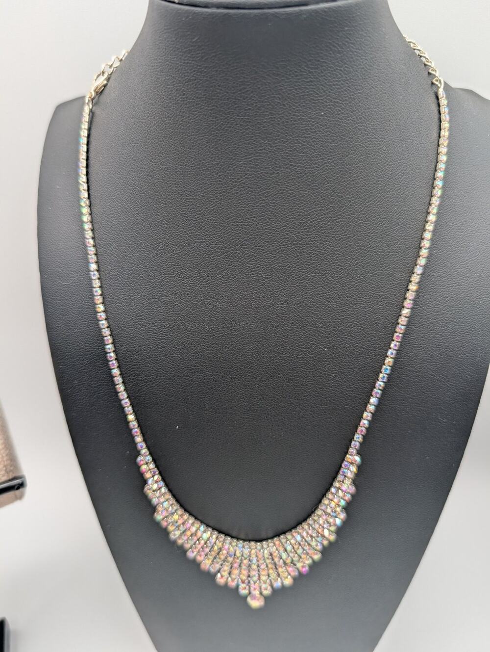 Iridescent AB Rhinestone Choker Necklace Silver Tone Layered Bib Statement